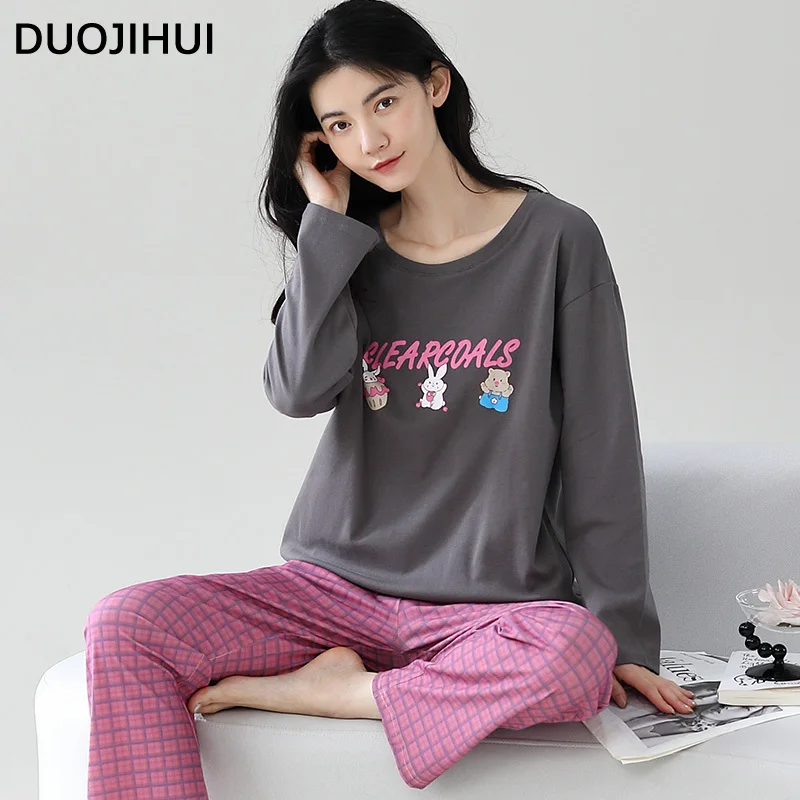 DUOJIHUI Autumn Two Piece Simple Women's Pajamas Set Sweet O-neck Pullover Basic Loose Pant Fashion Casual Female Sleepwear Set