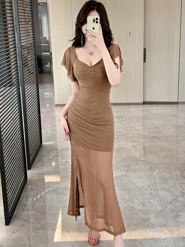 Abito lungo estivo con colletto quadrato e maniche a farfalla in rete viola Abito da donna elegante e trasparente Abito da club sexy 2025 Abito aderente coreano