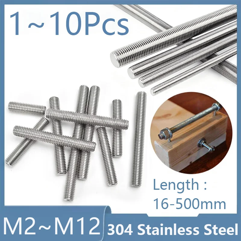 304 Stainless Steel Full Threaded Rod Bolt M2 M2.5 M3 M4~M12 Length 16-500mm Fully Metric Headless Bolt Thread Stud Rods Screws