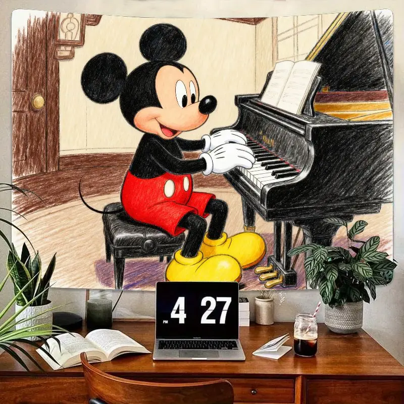 

1 шт., гобелен Disney с Микки Маусом, играющим на пианино, современное настенное искусство из полиэстера, декор для гостиной, спальни, общежития, подарок для музыки и мультфильма