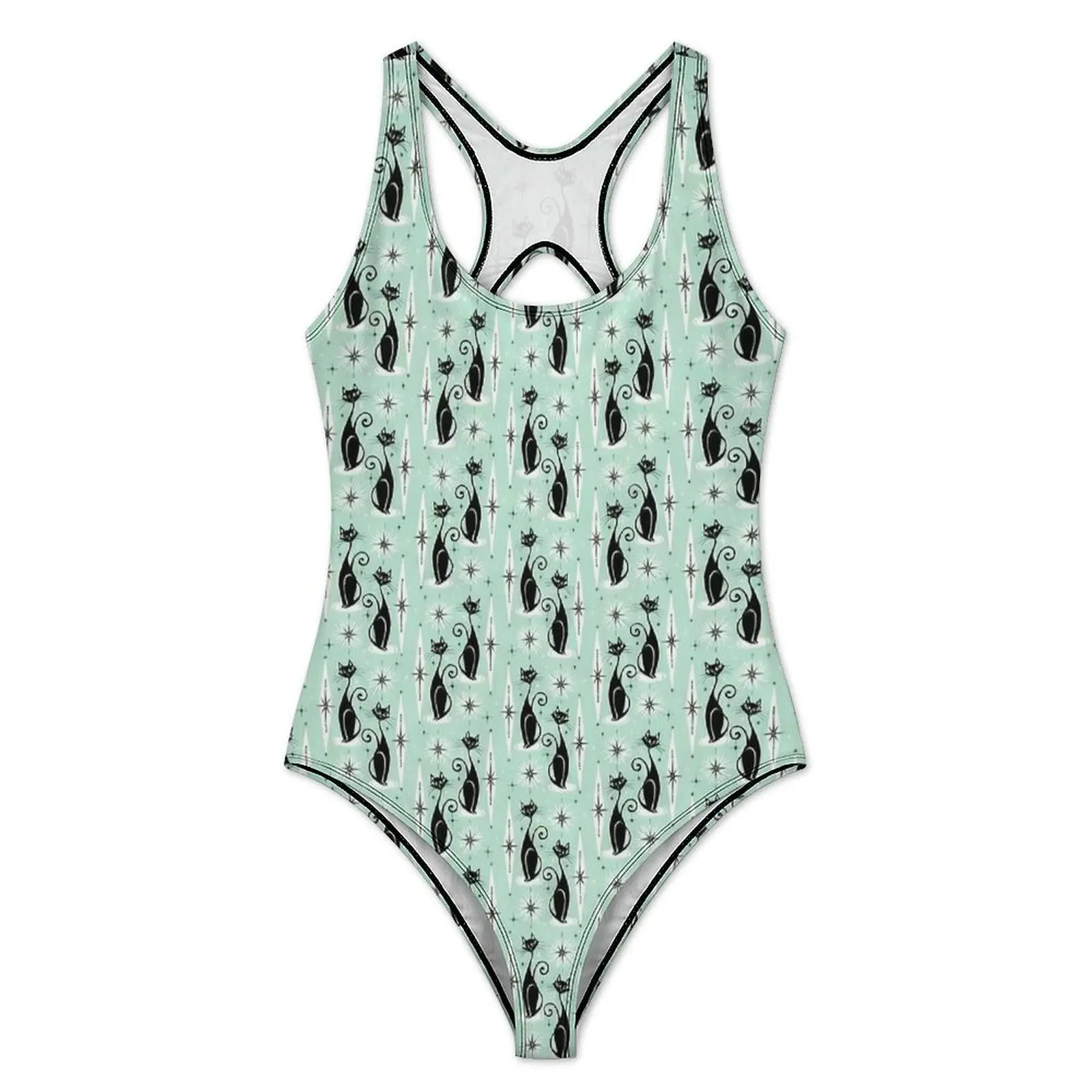 Mid Century Meow Retro Atomic Cats Swimsuit Push Up Swimwear One-Piece Surfing Bathing Suit Swimsuits Sexy Graphic Beachwear