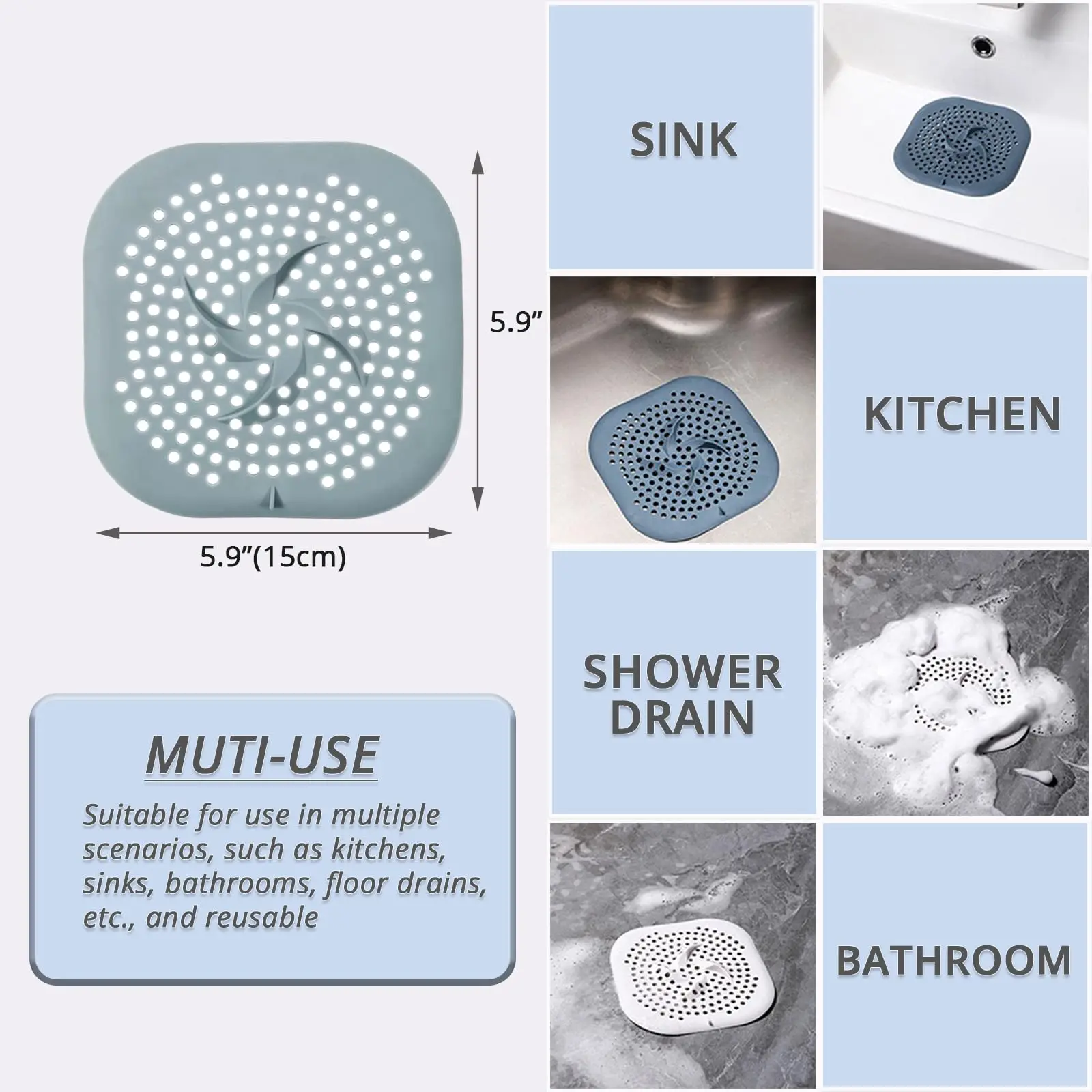1 Piece Square Silicone Sink Strainer, Bathroom Drain Cover, Anti-Odor & Anti-Hair Floor Drain Mat, Sewer Drain Cover