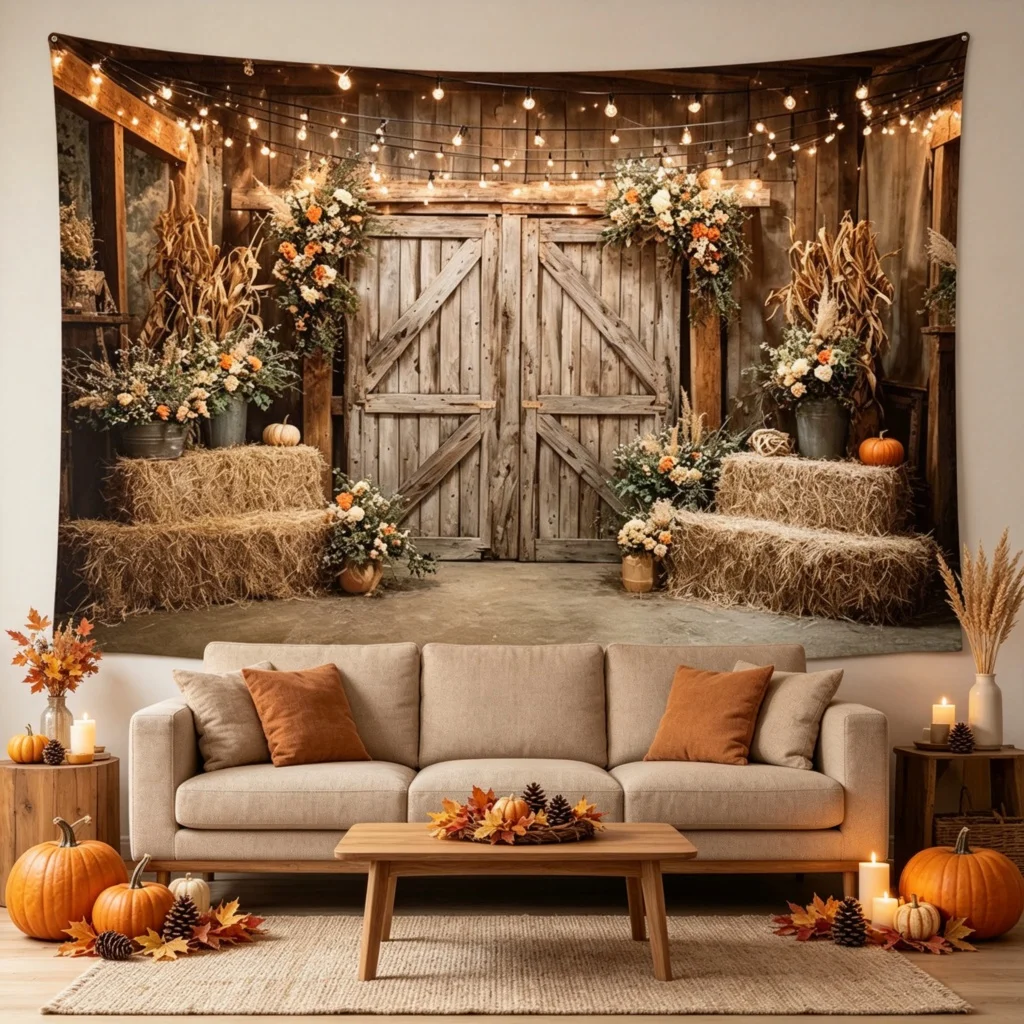 1PC Thanksgiving Fall Country Barn Floral Farmhouse Print Backdrop Banner, Bedroom Photo Background, Polyester, Party Decoration