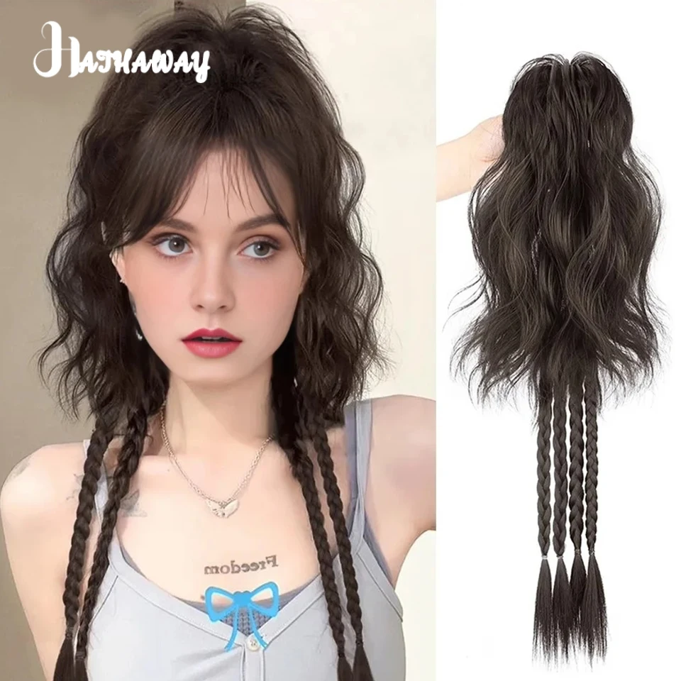 22 Inch Ponytail Female Synthetic Gripping Clip Type Sweet Cool Style Fluffy Water Ripple Half Tied High Ponytail Wig Braid