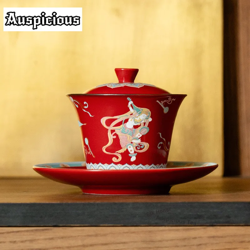 

150ml Chinese Red Dunhuang Apsaras Sancai Gaiwan Ancient Tea Tureen Tea Bowl With Lid Kit Tea Maker Cover Bowl Tea Ceremony Gift