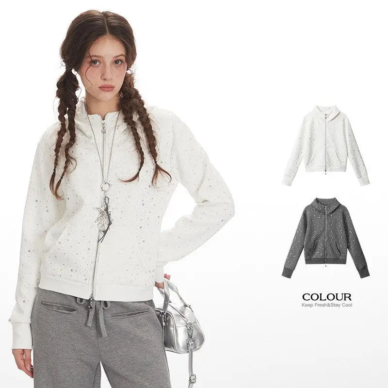 HeyHenry Zipper Hooded ort Cardigan Heavy Embroidery Star Print Slim Fit Women's Faion Autumn Wear Polyester Fiber