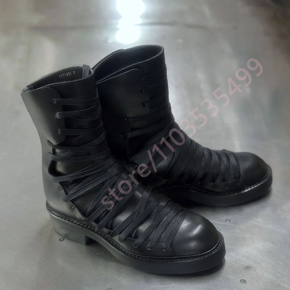 

Мужские ботинки-полусапоги с перекрестными ремешками, черные, 2026, с круглым носком, в ретро-стиле, на массивном каблуке, в стиле вестерн, на толстой подошве, на молнии, повседневные, кожаные