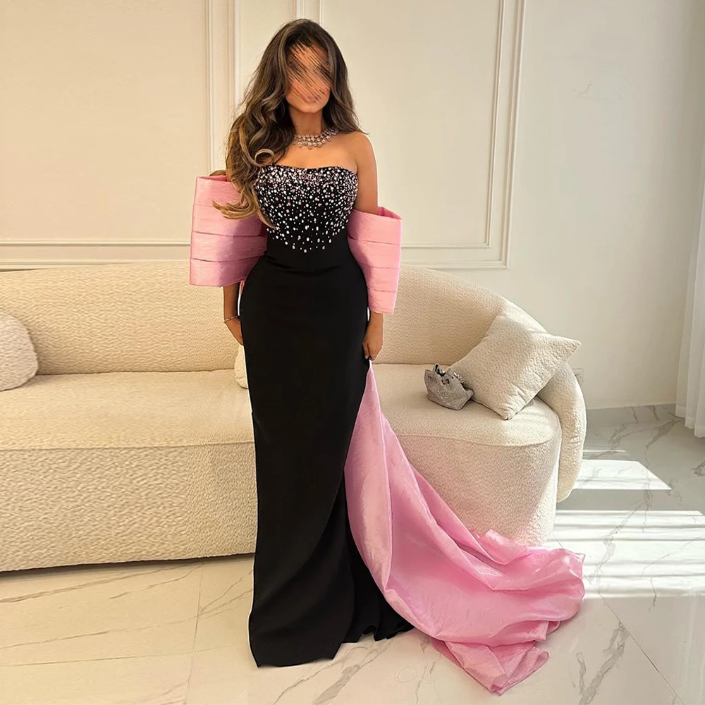 Elegant Saudi Evening Gown for Lady Off The Shoulder Boat Neck Stones Sweep Train Mermaid Prom Dresses for Special Occasion