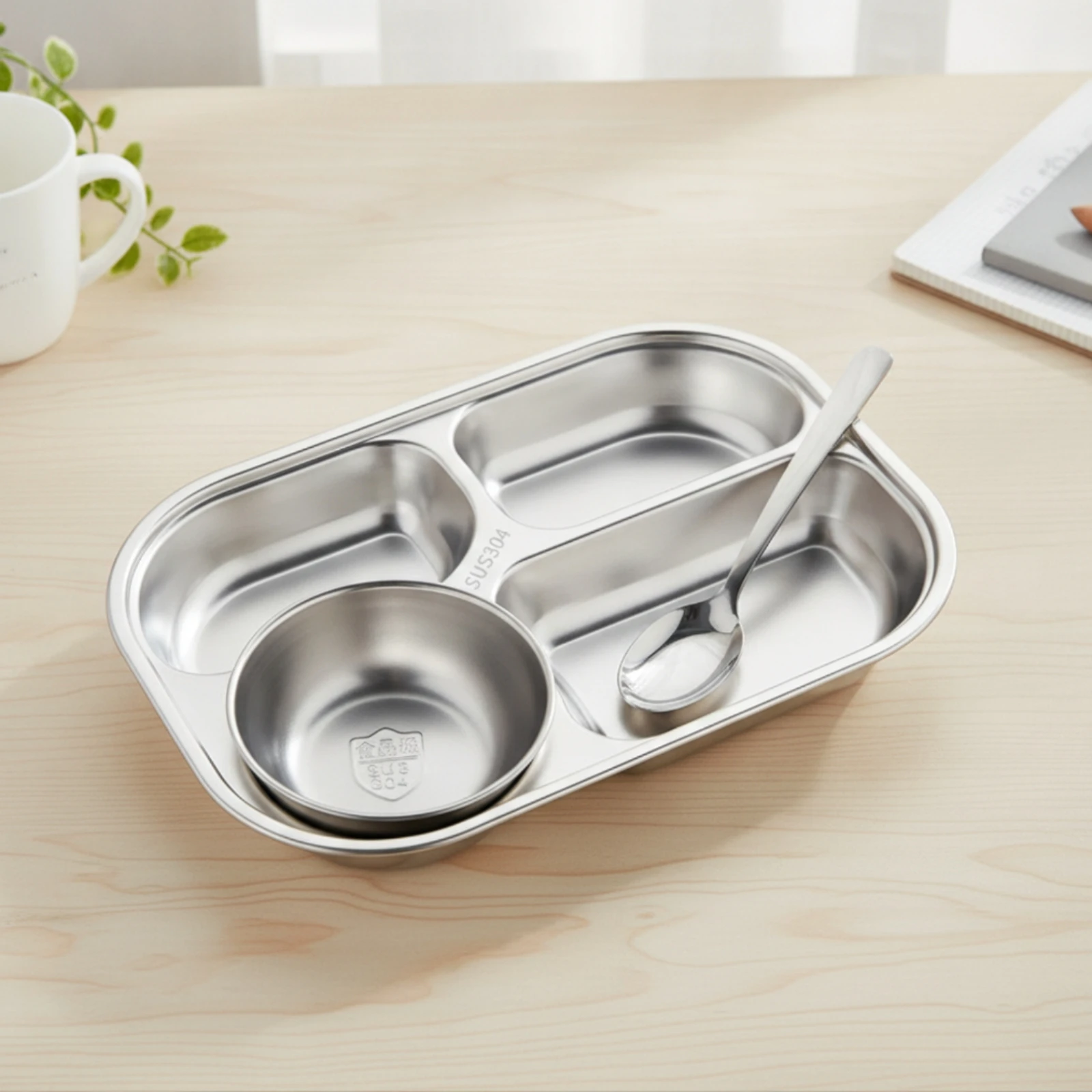Divided Tray with Bowl and Spoon Compartmentalized Stainless Steel Meal Tray Plate Easy to Clean One-Piece for Children