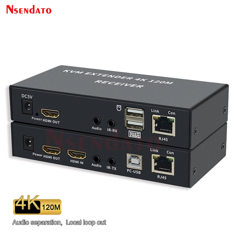 Przedłużacz KVM przedłużacz HDMI RJ45 4K przedłużacz HDMI Cat6 120M zestaw HDMI KVM Ethernet przedłużacz audio przez Lan przedłużacz Ethernet na PS4