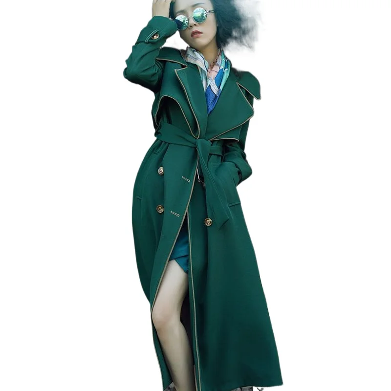 

Elegant Spring Autumn Women's Windbreaker Mid Long Belted Trench Coat Fashion Lapel Double Breasted Jackets Vintage Outerwears