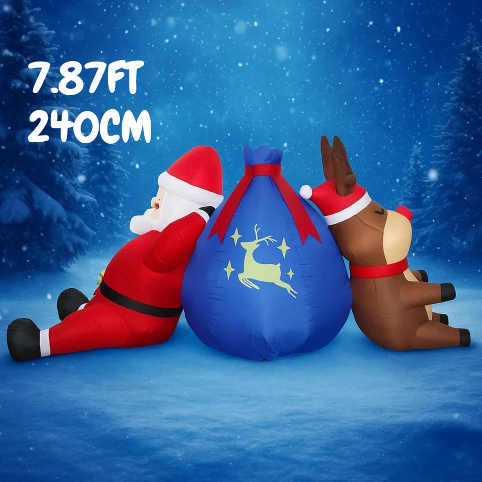 

7,87 фута надувная игрушка Санта-Клаус с оленями, подарочная сумка со светодиодной подсветкой, праздничный подарок, рождественское украшение для двора, украшение для дома