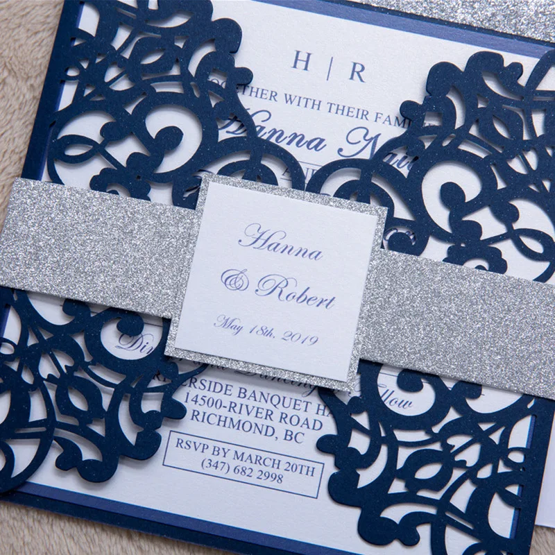 (50 pieces/lot) Laser Cut Navy Blue Wedding Invitation Card with Silver Glitter Belt Customized Birthday Invitations IC139