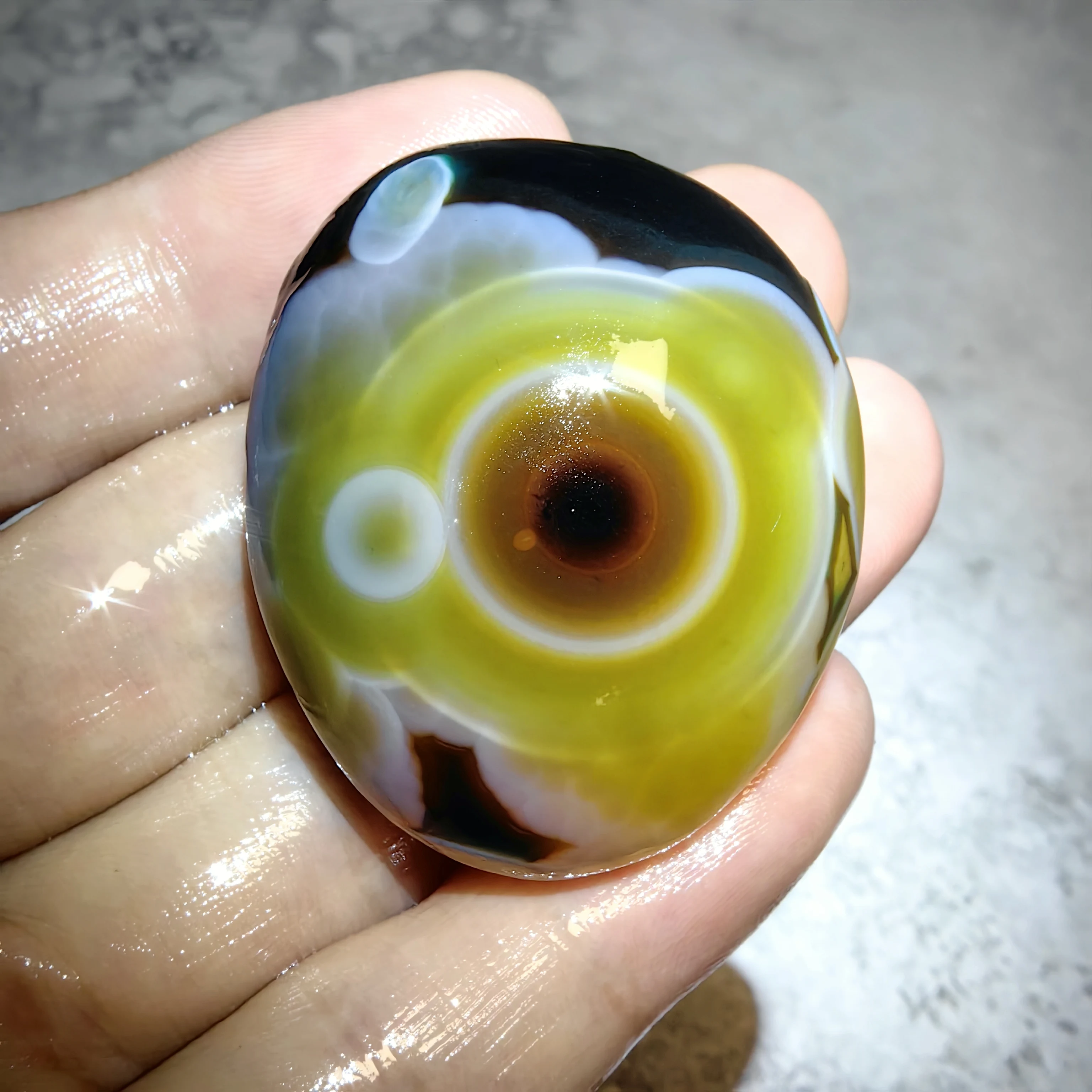 Natural Green Yellow Brown Sardonyx Alxa Gobi Agate Rock Specimen Swirls with Prominent Circular Marking, Artistic Home Accent