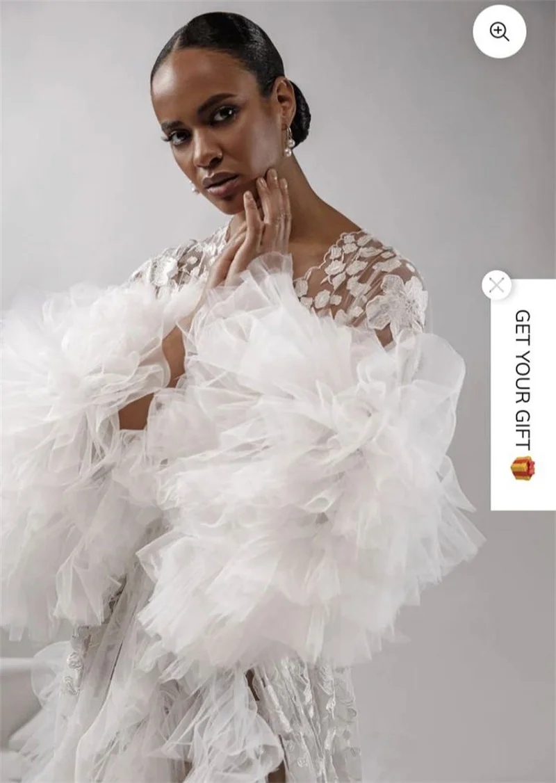 

White Lace Women Prom Dress V Neck Puffy Full Sleeves Bridal Party Robes Tiered Tulle Evening Gown Sleepwear Customized Skirt