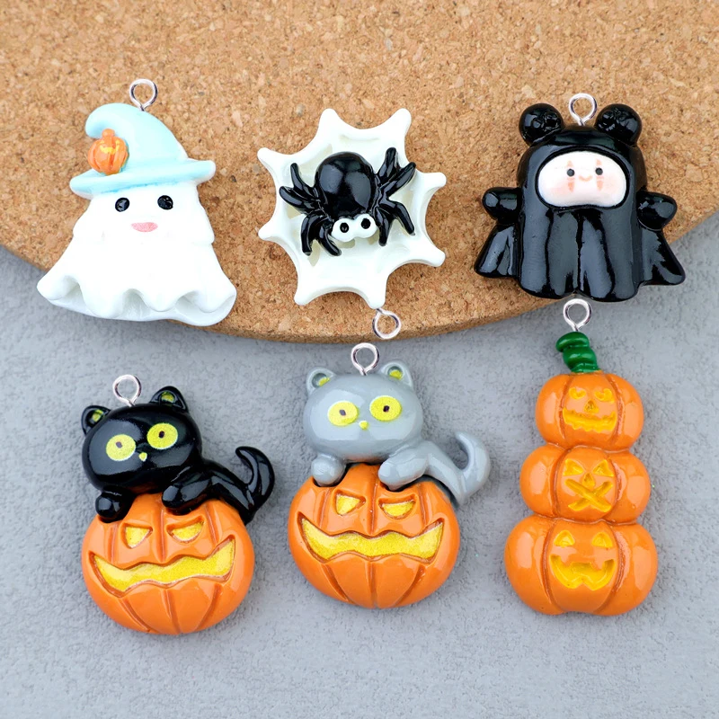 10pcs Halloween Charms for Jewelry Making Kawaii Animals Cat Pumpkin Spider Ghost Resin Pendants Flatback DIY Keychain C292