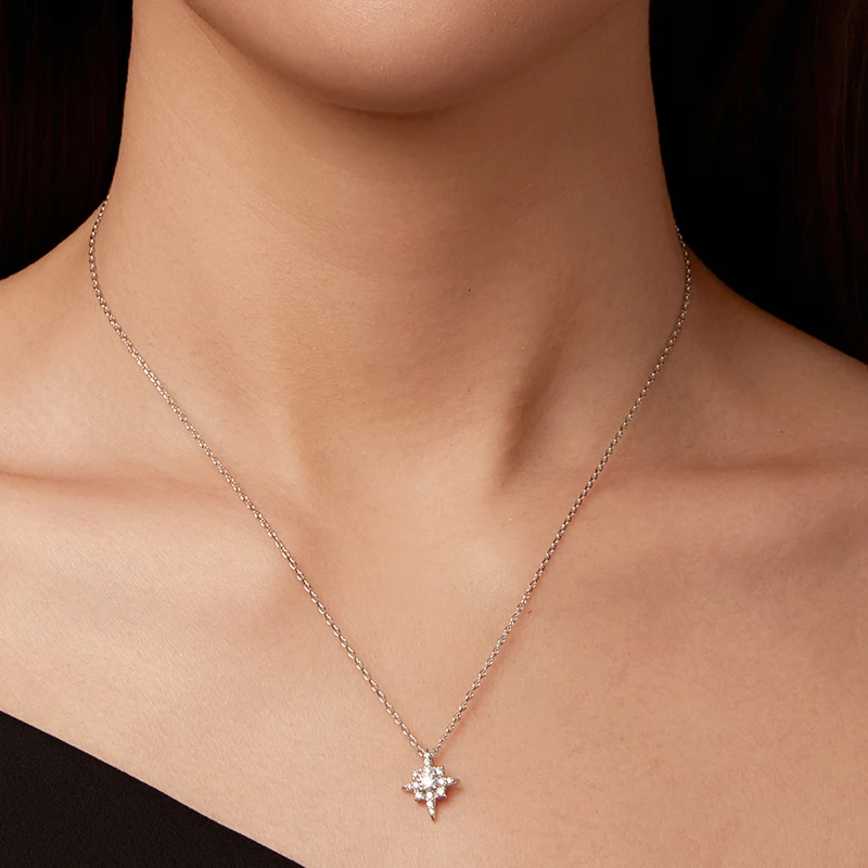 

Bamoer U Starburst Moissanite Necklace Star Pendant with Basic Link Chain 925 Sterling Silver Original for Women Wedding Gift