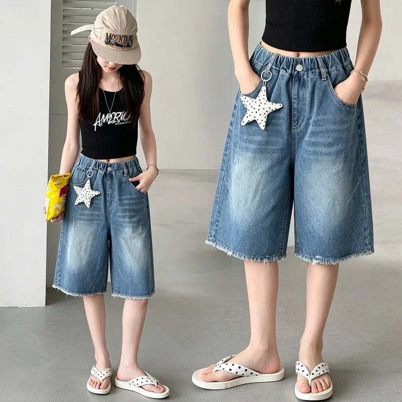 Summer Girls Fashion Denim Shorts for Kids Casual Knee Length Denim Pants Tween Children Hot Deals Short Jeans with Star Pendant