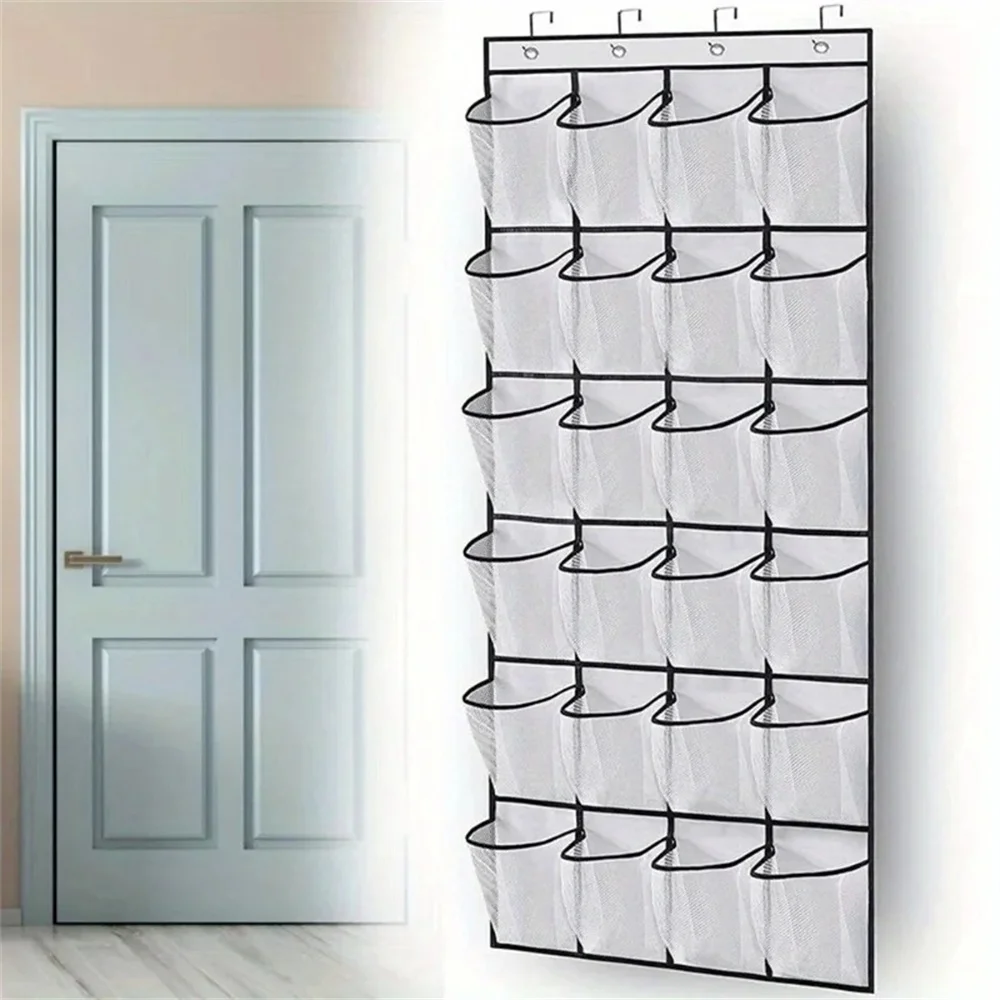 24 Grid Wall-Mounted Sundries Shoe Organiser Fabric Closet Bag Storage Rack Mesh Pocket Clear Hanging Over The Door Cloth Box
