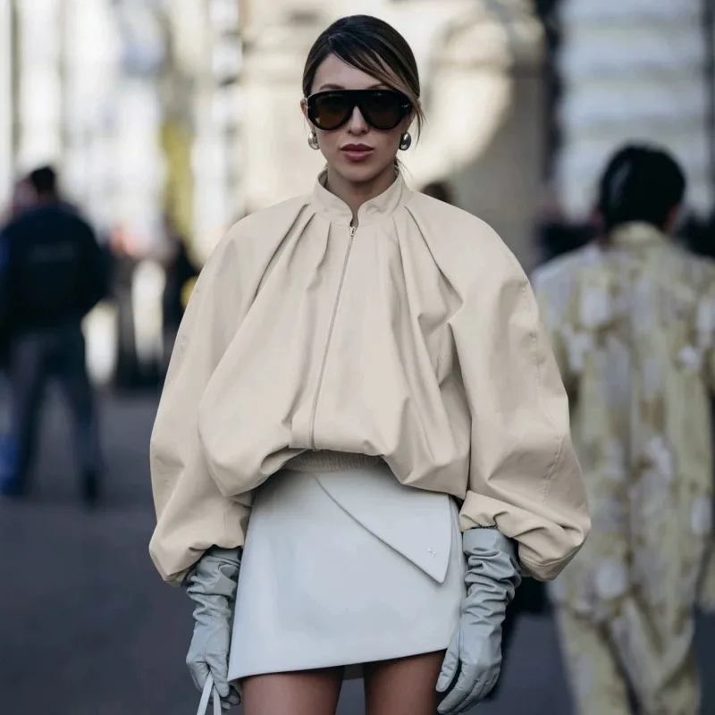 Women Lantern Sleeve Stand Collar Jacket Puff Coat Fall Winter 2026 New Simple Chic Loose Fit Trendy Outerwear Classy Daily Soft