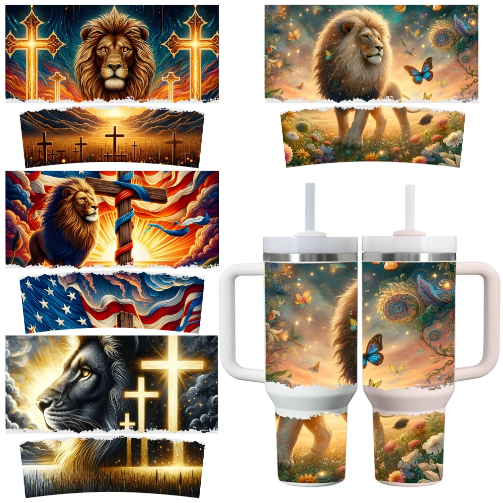 4 Sheets Lion Cross American Flag Butterfly Nature UV DTF Stickers for 40oz Tumblers Decorative Transfer Paper Decorative Vinyl