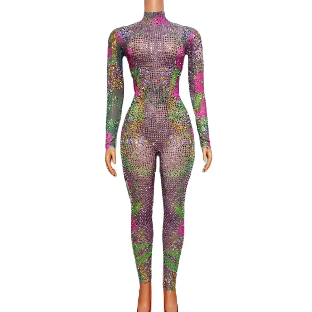 Sexy Sparkly Hot Drilling Process Full Rhinestone Colorful Jumpsuits For Women Pole Dance Costume Pageant Drag Queen Jumpsuit