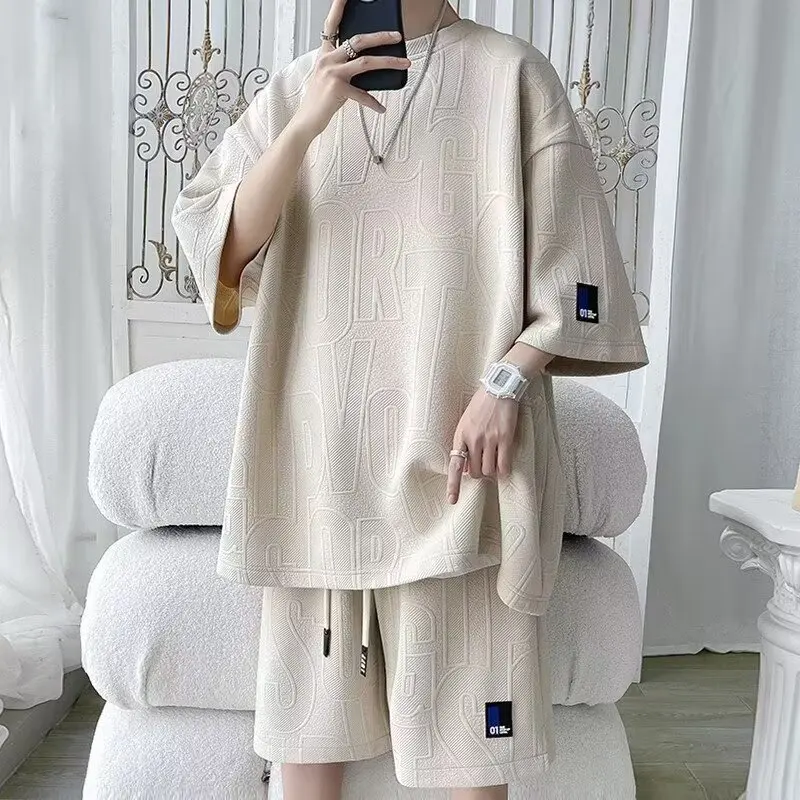 

Men's Summer Thin Ice Silk Sports Tracksuits Round Neck Short Sleeve T-Shirt And Shorts Two Piece Set Male Loose Outfits