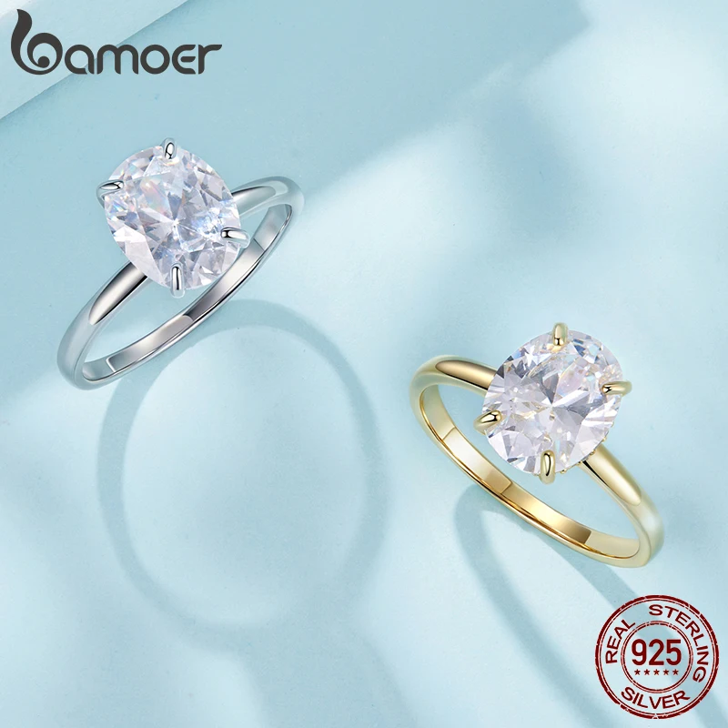 BAMOER 3.5CT CZ Oval Cut Ring 925 Sterling Silver 4 Prongs Halo Engagement Band Ring for Women Wedding Promise Jewelry Gift