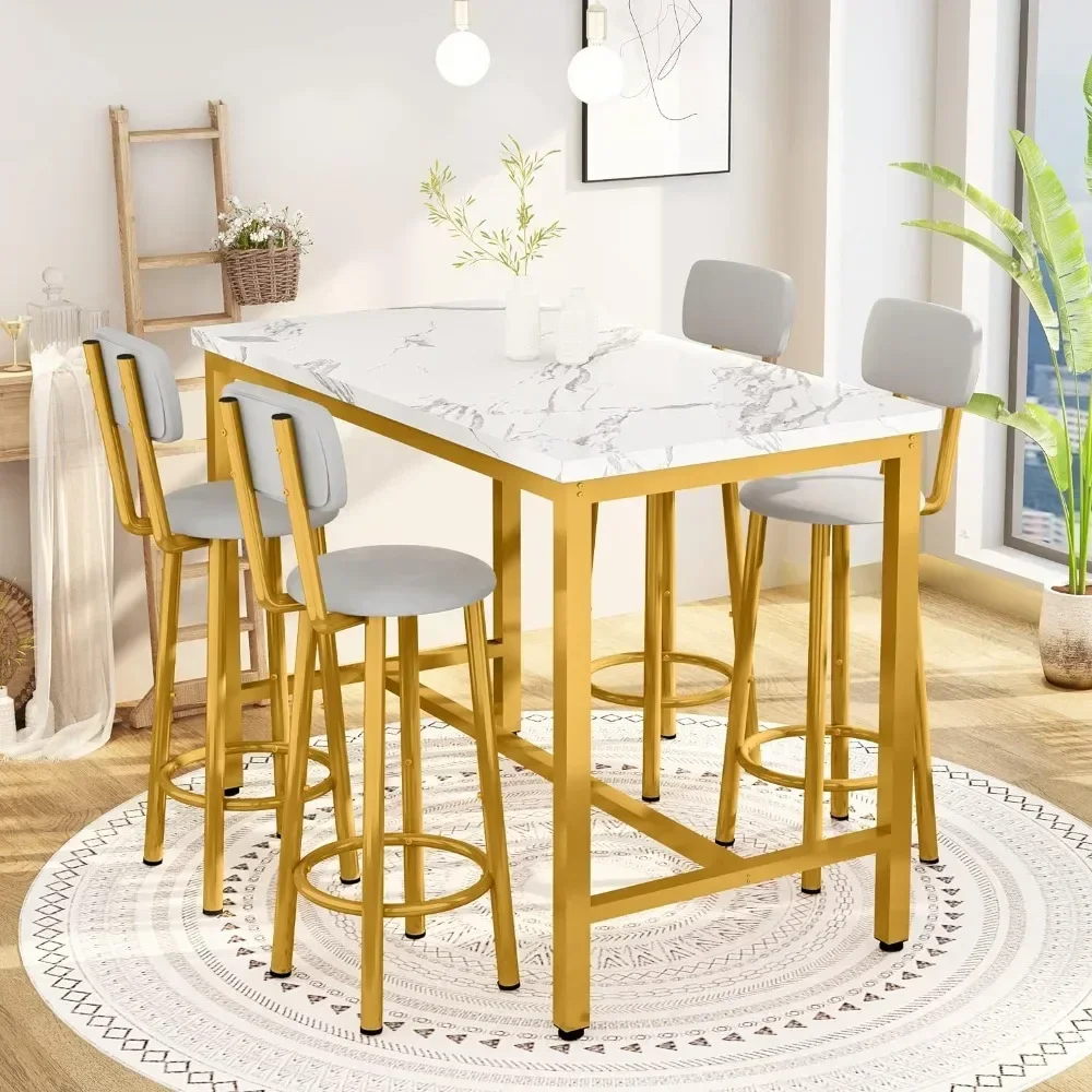 # Hot Dining Table Set For 4, Bar Tables And Chair Sets Faux Marble Counter Height Dining Tables Set With 4 PU Upholstered Stool