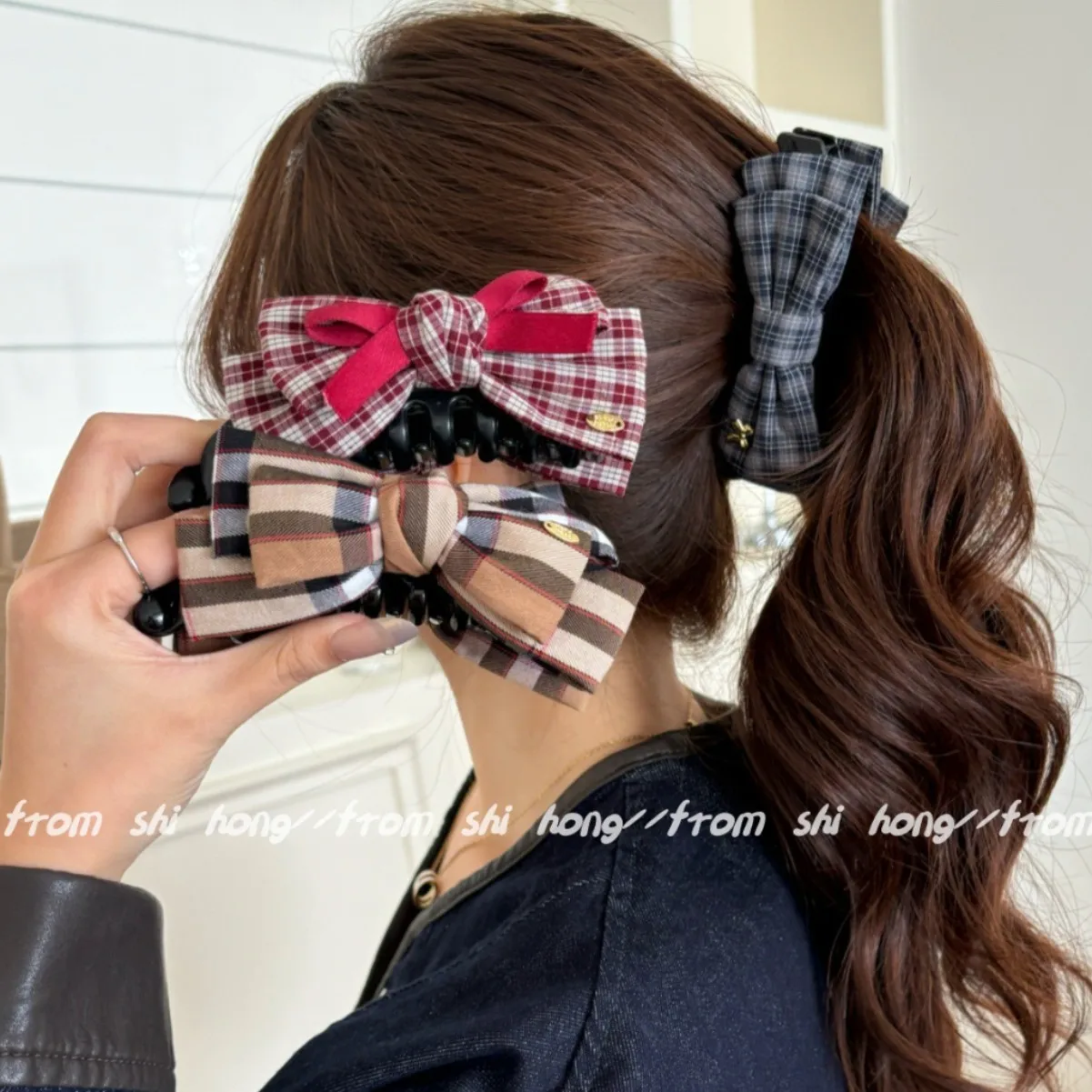 1pc/ Korean College Style Classic Plaid Bow Banana Clip Retro Checkered Hair Clip for Women Low Ponytail Back Hair Clip