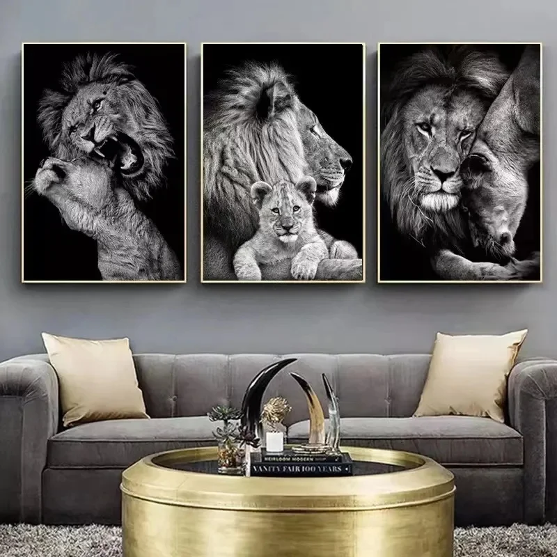 Black and White Wild Animal Lion Canvas Painting Lion Family Posters Prints Modern Wall Art Pictures for Living Room Home Decor