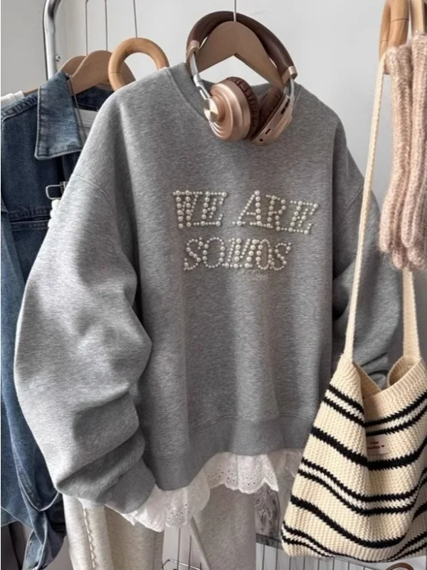 

Korean Style round Neck Sweatshirt Women's Heavy Embroidery Letter Design Sweet Casual Match All Heavy Cotton Pullovers