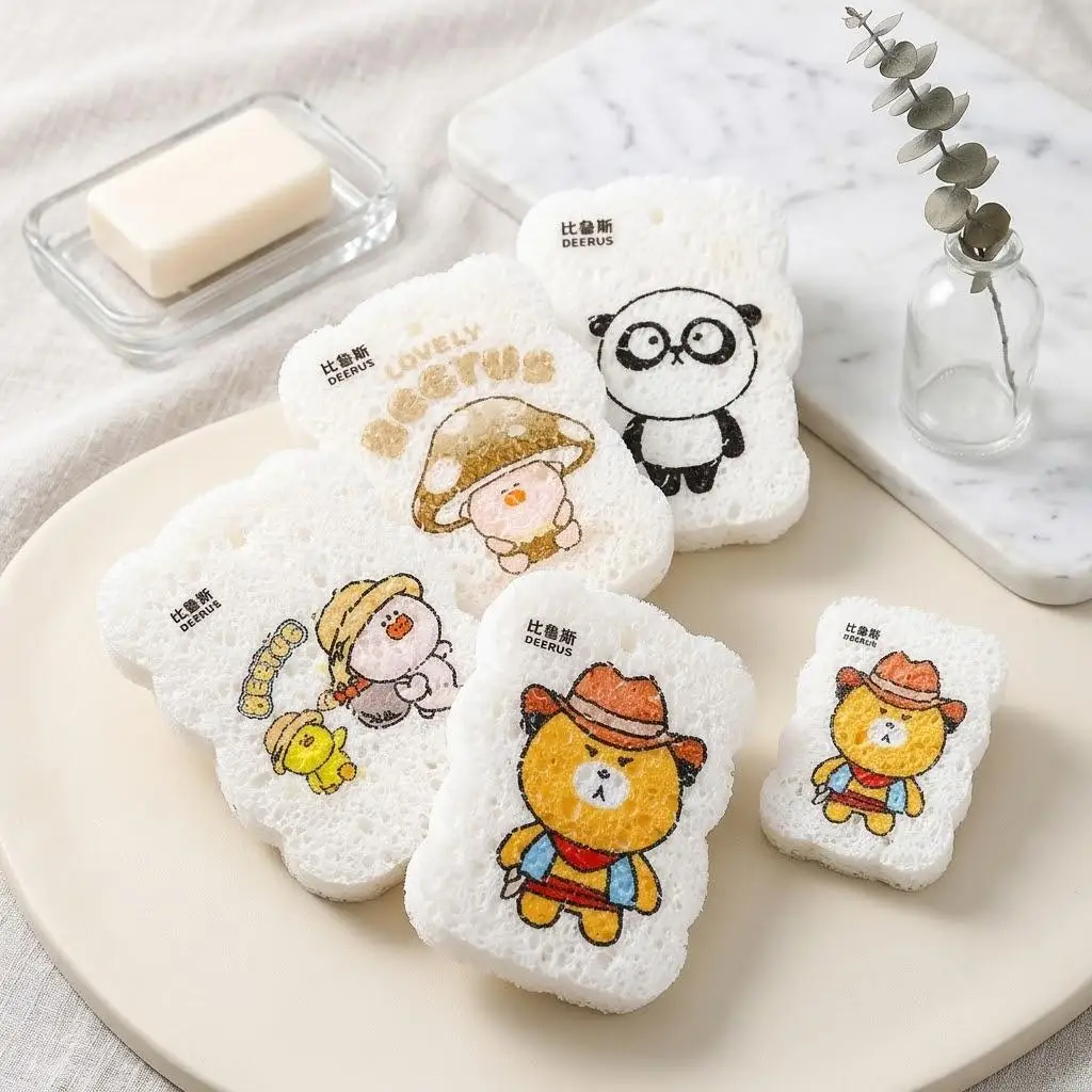 Double Sided Wood Pulp Sponge Dish Cleaning Brush Reusable Natural Scrubbing Pad for Kitchen Home Cleaning Tool