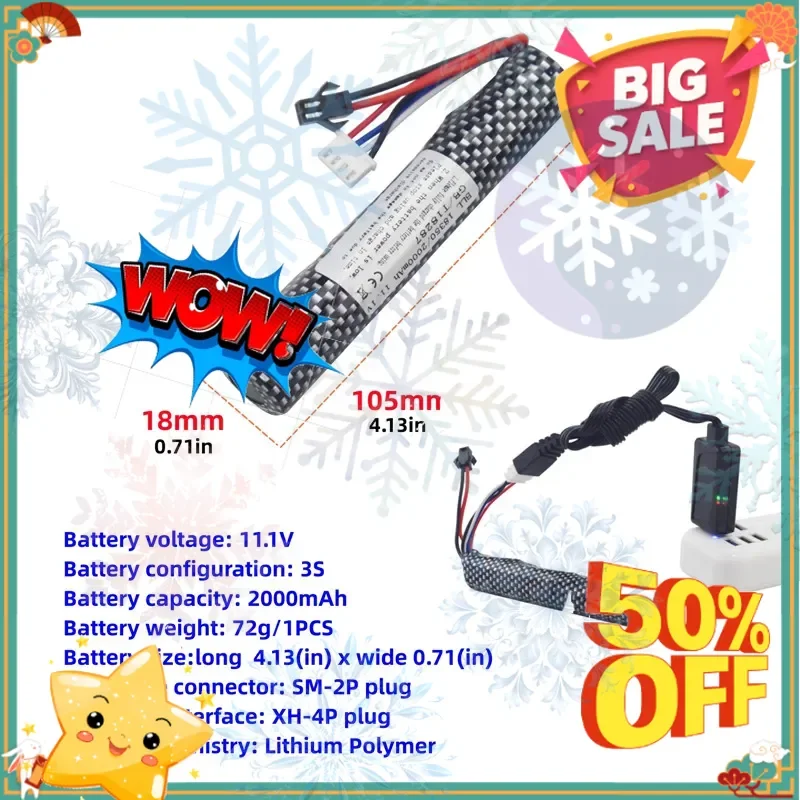 SWZY 3S 11.1V 2000mAh Li-ion Battery SM2P Plug with USB Charger Compatible with Airsoft Gel Water Bead Blaster Rechargeable Batt