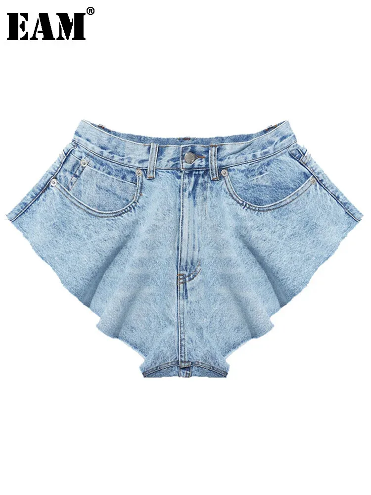 

[EAM] Women Blue Denim Ruffles Cut Style Wide Leg Shorts New High Waist Loose Fit Trousers Fashion Spring Summer 2024 1S770