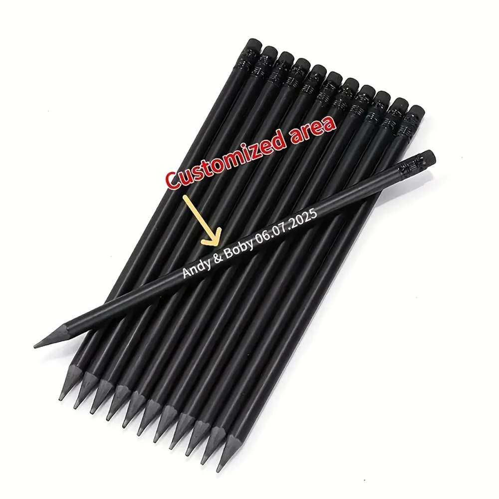 13Pcs/27Pcs/35Pcs/43Pcs Personalized Custom Logo Pencils with Laser-Engraved Name and Date - High-Quality Smooth Black Wooden Round Pencils, Black Wooden Promotional Pencils, Hb Writing and Sketching Pencils, Stationery, Suitable for Weddings, Engagements, Party Gifts, Writing, Drawing, and Sketching |   Durable and High-Quality Artist Graphite Core |   Professional Appearance