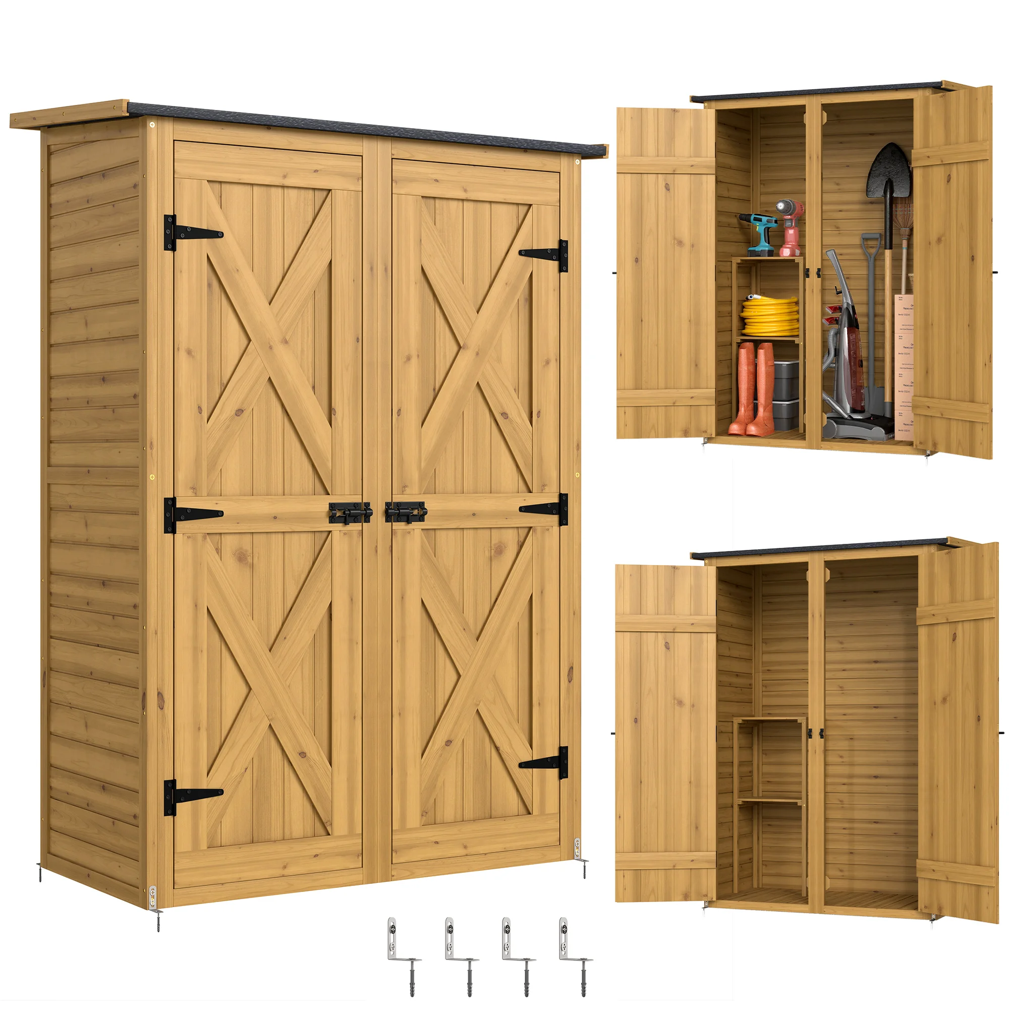 Outsunny Caseta de Jardín de Madera 115x53x156 cm con 2 Estantes y 2 Puertas