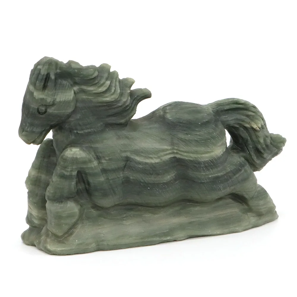 4.3" Horse Natural Green Zebra Jasper Healing Gemstone Carved Stone Animal Figurine Feng Shui Crafts Home Office Decoration Gift