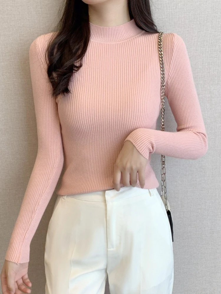 Novità in autunno inverno donna manica lunga lavorata a maglia collo mezzo alto maglione a costine morbido caldo maglione femme pullover vestiti