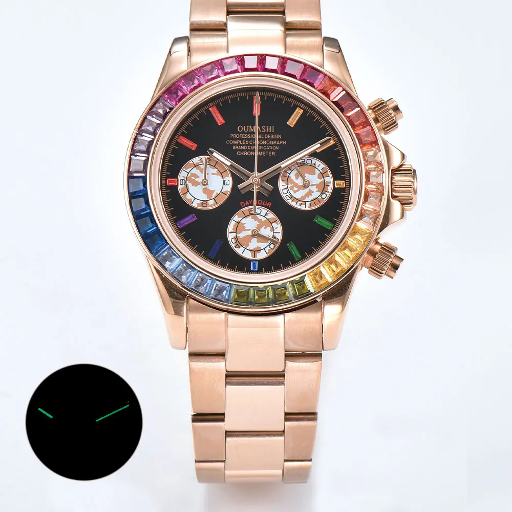 Orologio da uomo personalizzato da 39 mm con movimento VK63 vetro zaffiro quadrante con pietre preziose orologio da uomo d'affari impermeabile 10Bar