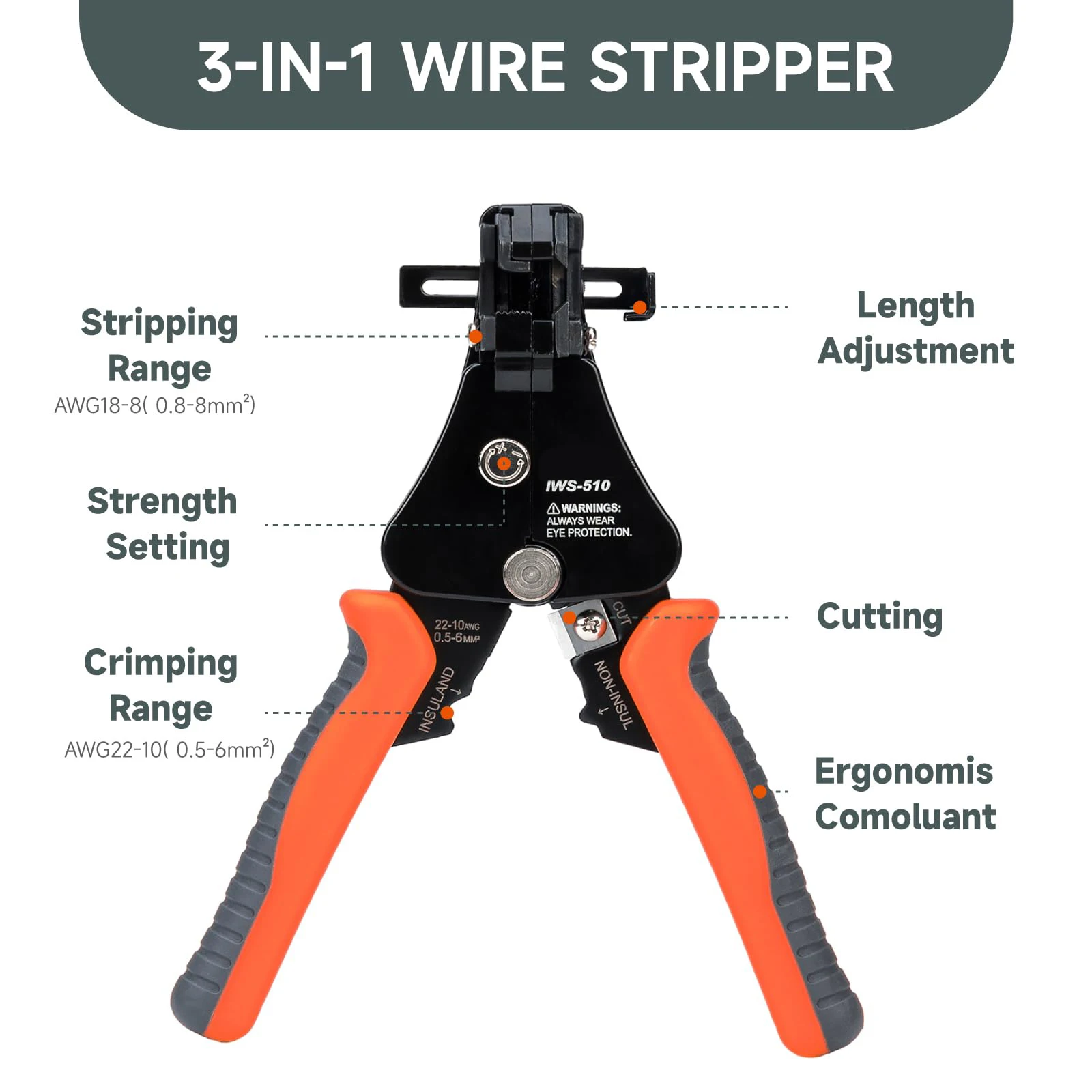 Electrical Wire Stripper Tool Built-In Cutter 3-in-1 Adjustable Stripper for 18-8 AWG Automatic Stripper Crimper