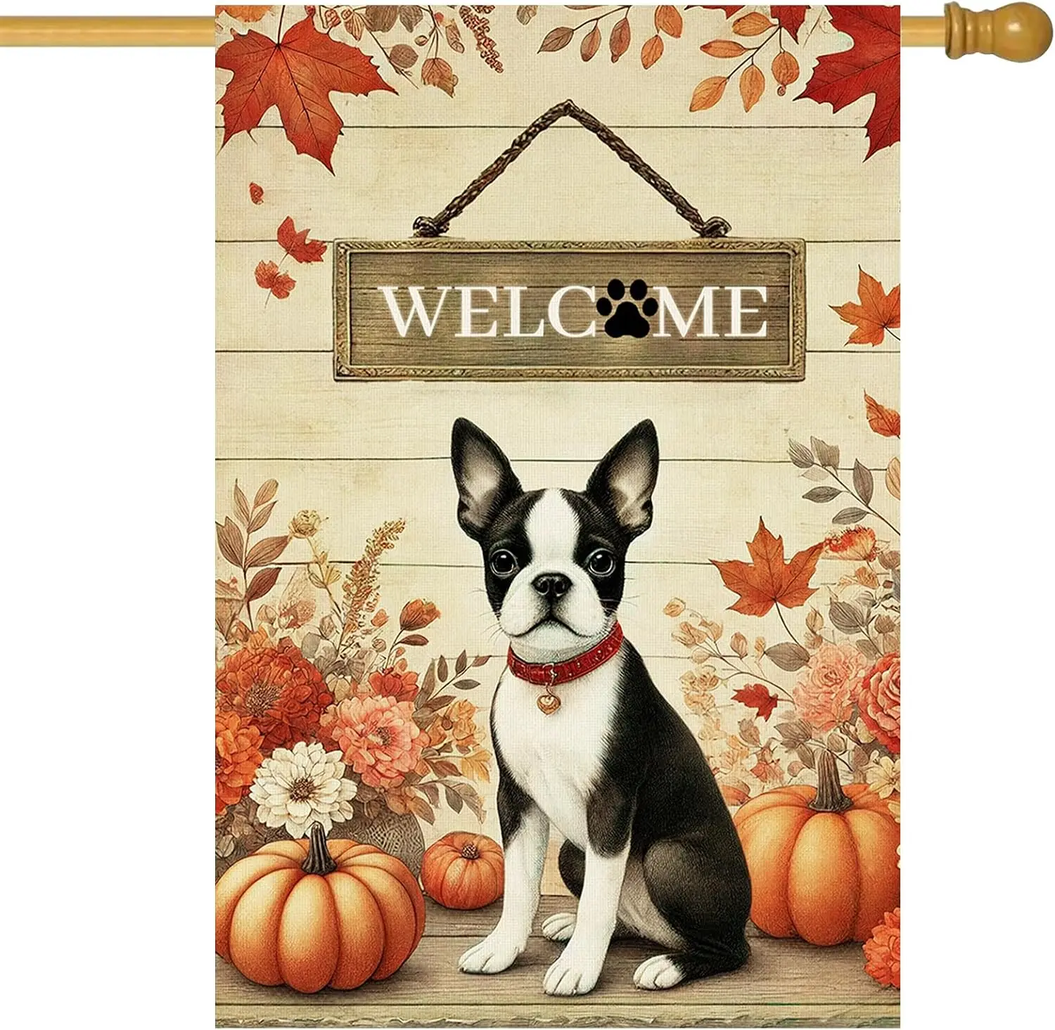 Welcome Fall House Flag 28x40 Inch Boston Terrier Dog Yard Decor