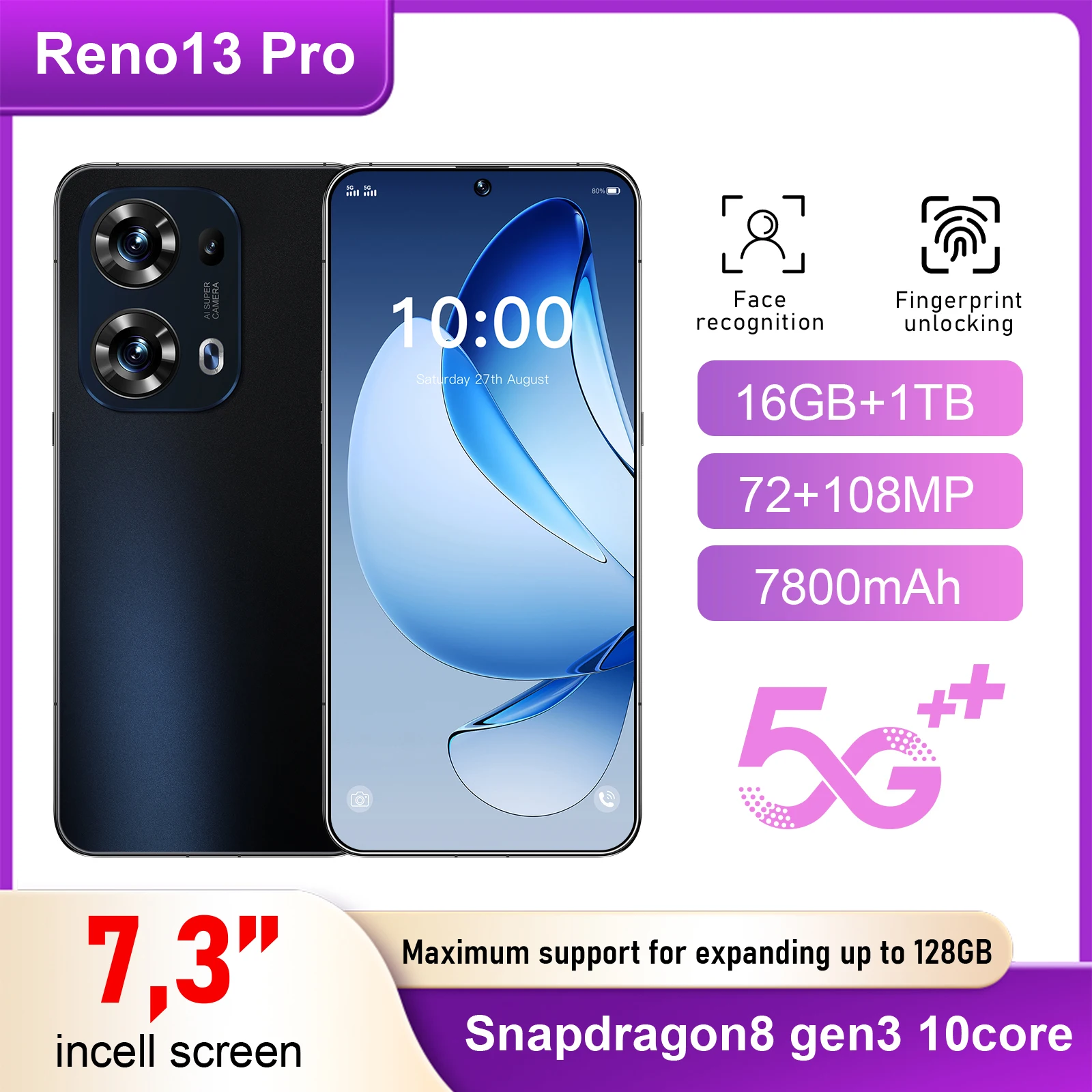 New Reno 13 Pro 2025 Hot High Quality 7.3inch Global Edition Smart Dual Card 7800mAh Battery Facial Recognition Function