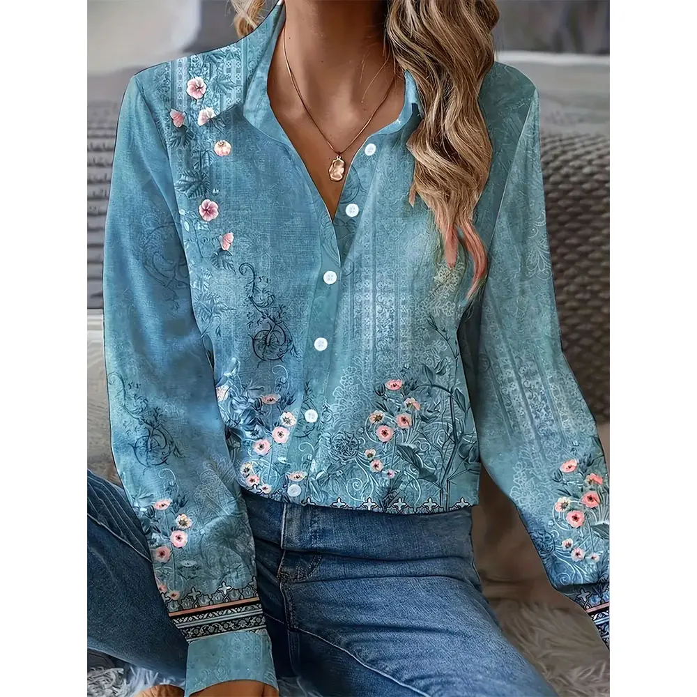 2024 New Fashion Women's Single-Breasted Shirts Fashionable 3d Leaf Printed Basic Tops Summer Casual Long Sleeve Shirts & Blouse