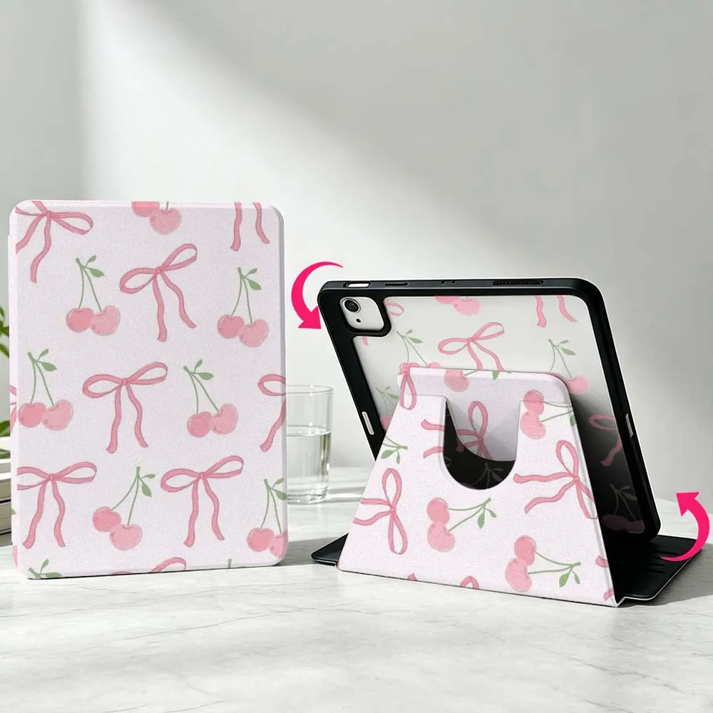Artistic Pink Bow Cherry For iPad Pro Air mini 6 5 4 12th M5 M4 M3 M2 A16 A17Pro 360° Rotation Stylus Storage Tablet Case