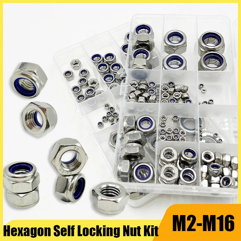 Nylon Lock Nut Set 304 Stainless Steel Hexagon Insert Lock Nut Set Hex Self Self-locking Locknut M2 M3 M4 M5 M6 M8 M10 M12 M16