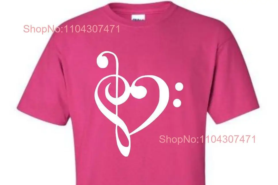 Music Treble Bass Clef Pink T Shirt with White Lettering Great gift for lover or musician long or short sleeves