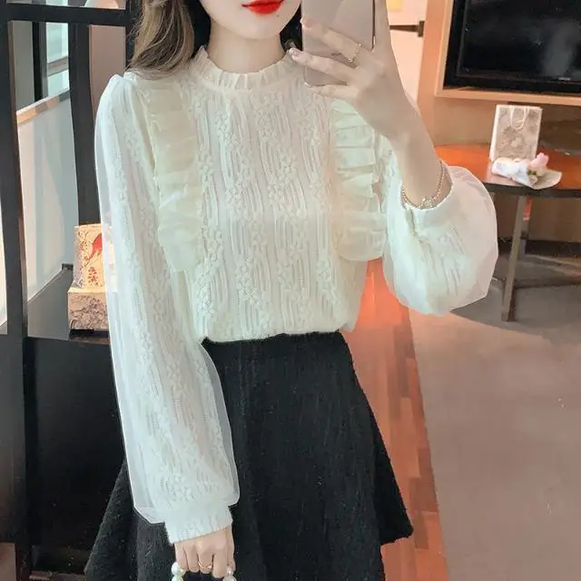French Fungus Edge Hook Flower Stand Up Collar Mesh Long Sleeved Lace Shirt Women\'s New Style Western-style Base Top