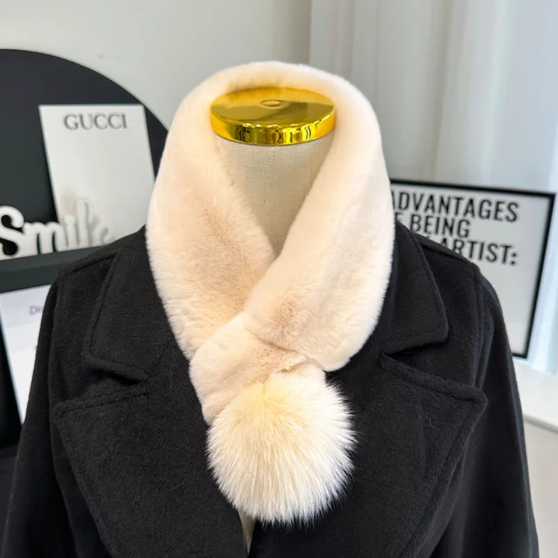 Real Rex Rabbit Fur Scarf Plush Warm Double-sided Thickened Fur Scarf With Fox Fur Ball Keep Warm In Winter Real Fur Collar