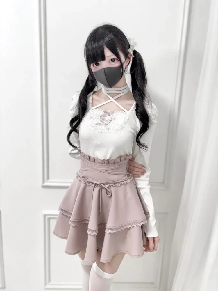 

Женские футболки с лямкой на шее из двух предметов, осенний топ для женщин, модная субкультурная милая футболка, кавайная одежда, Camisetas